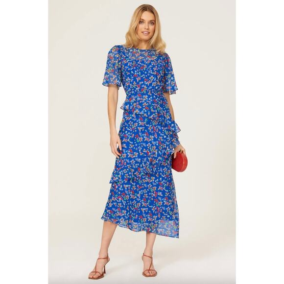 SALONI Blue Vida Ruffled Silk Dress Sz 2 - Picture 1 of 6